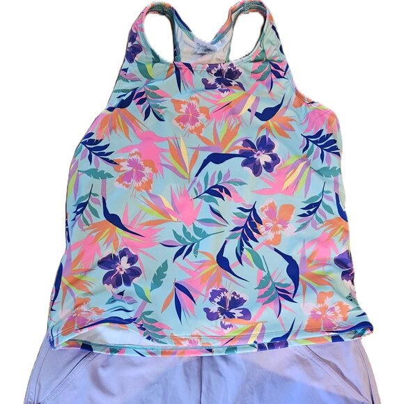 Lands' End Big Girls size 16 two-piece bathing suit purple bottoms tropical top - Picture 1 of 6
